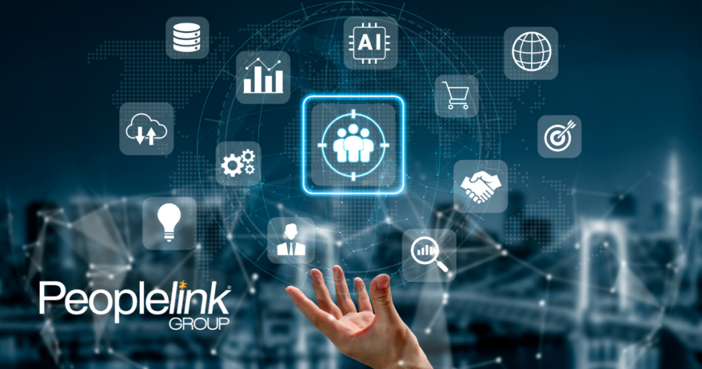 Multiple icons representing trends floating in the air and reaching out towards icon of a group of people.